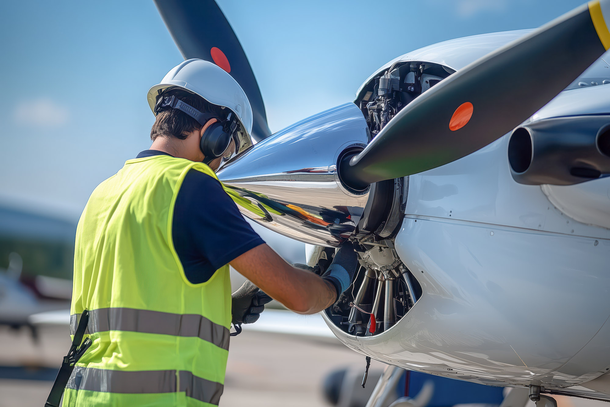 Aircraft owner and mechanic having a collaborative discussion at a toolbox in a maintenance hangar