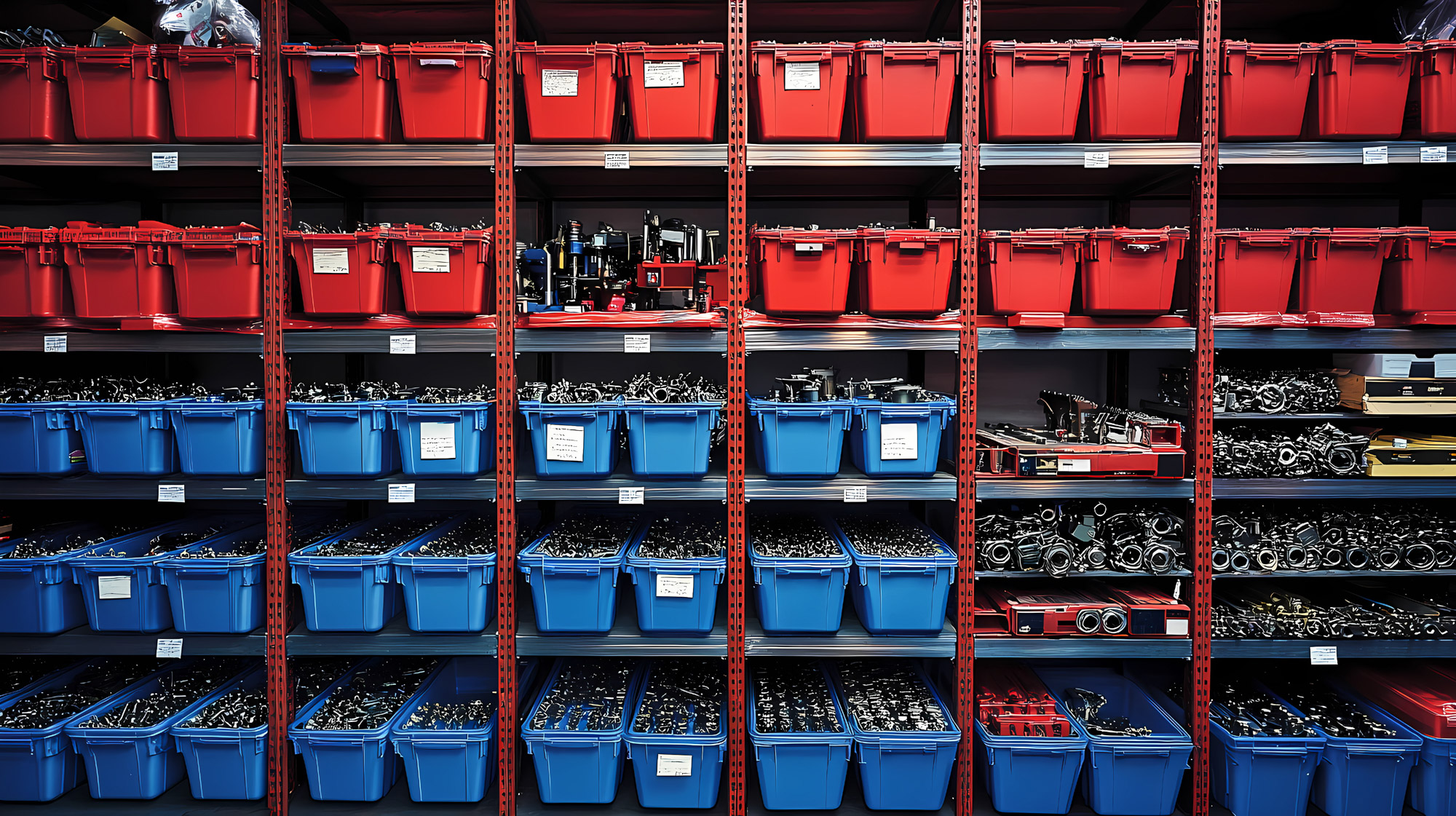 Shop manager reviewing aircraft parts inventory in a storage room with shelves of boxed parts